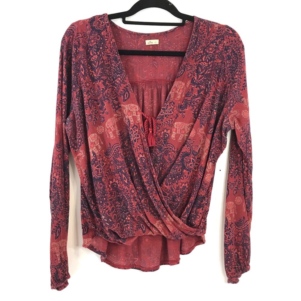 Hollister Red Blue Paisly Elephant Print Boho Faux Wrap Crop Top Size Large